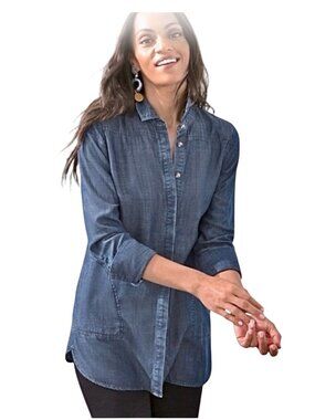 Chicos Chambray Lyocell Button-Up Tunic Top W/ Pockets Size 12 Relaxed Fit